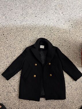 Zara Black Wool Blend Coat with Label Detail Girls Size 8